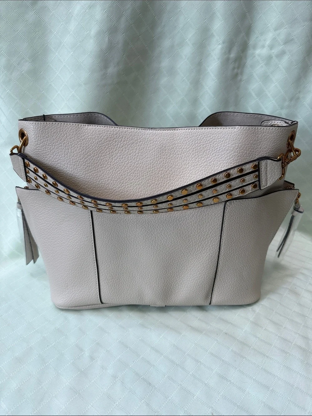 New Steve Madden Large Cream Faux Pebbled Shoulder Tote with Studded Strap